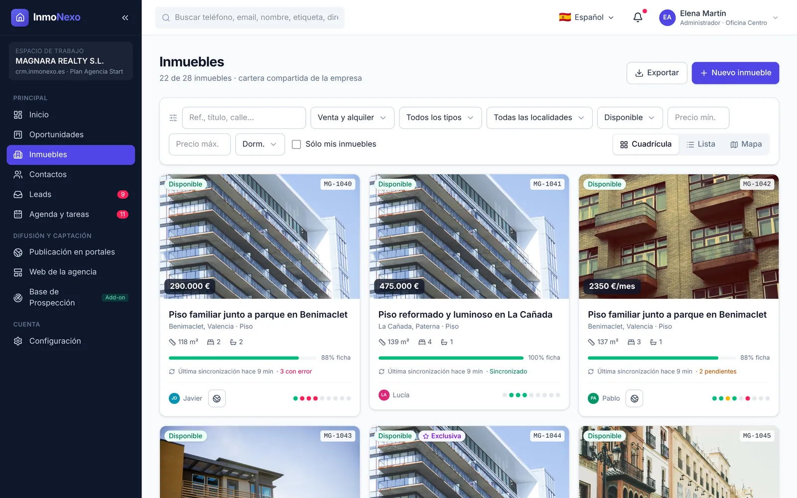 Listado de inmuebles de InmoNexo con fotos, precios y estado de sincronización